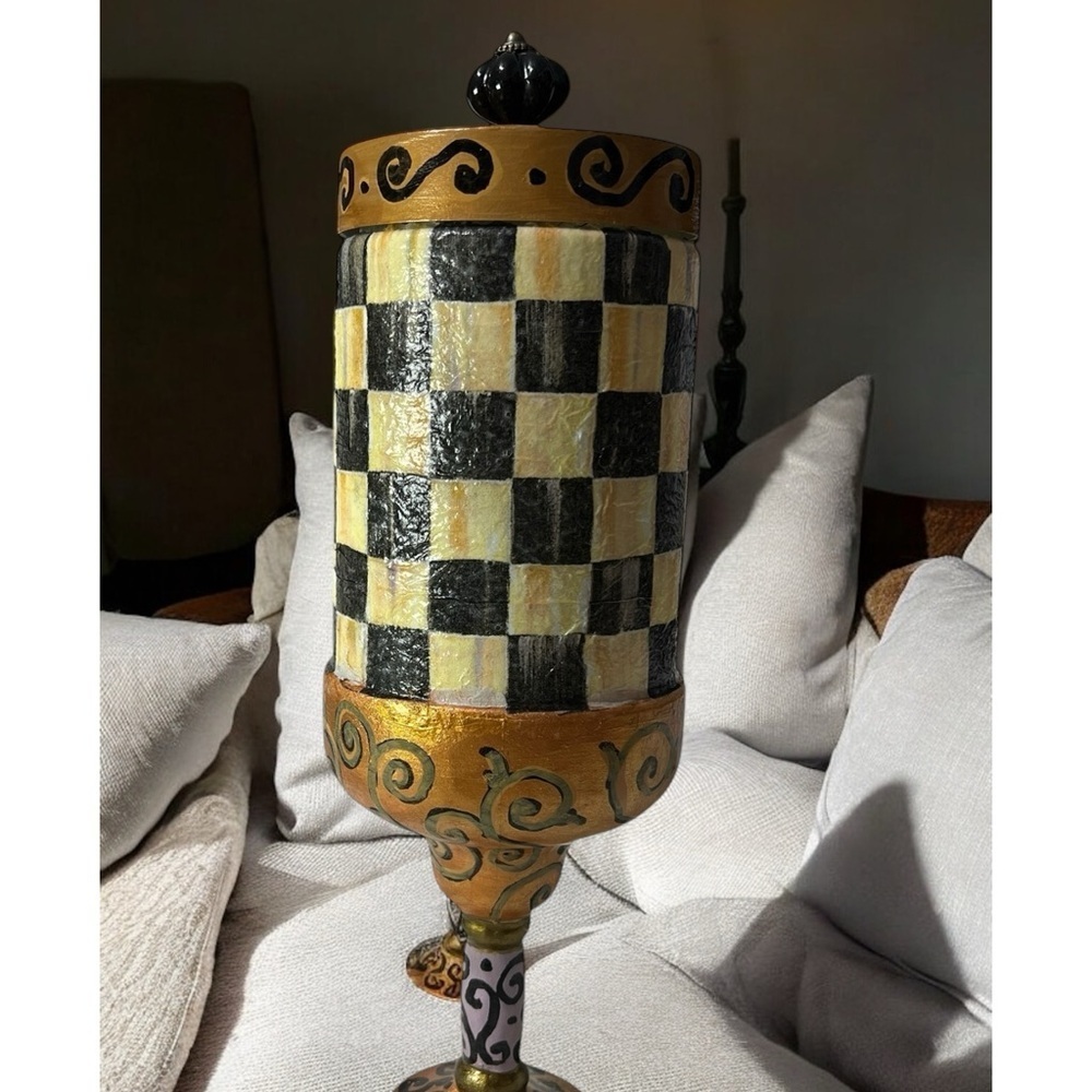 Elegant Checkered Mackenzie Child inspired Jar with Lid, Gold Accents☑️ - Picture 2 of 7